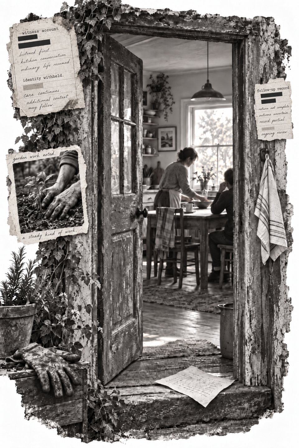 Through a doorway, one person places a bowl on a kitchen table while another listens. Ordinary care continues beside unfinished records.