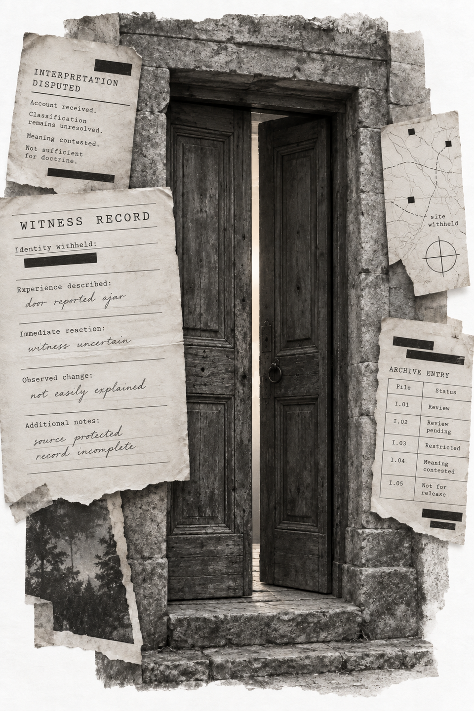 A partly open wooden door surrounded by witness records, redactions and disputed interpretations; complete Part I illustration.