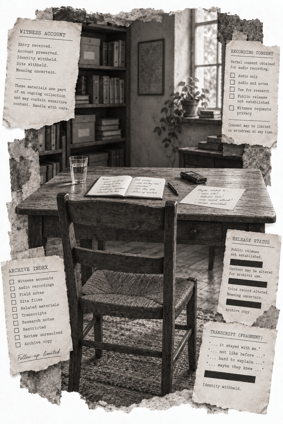 The Archive recording desk with a notebook, recorder and documents distinguishing recording consent from public release.