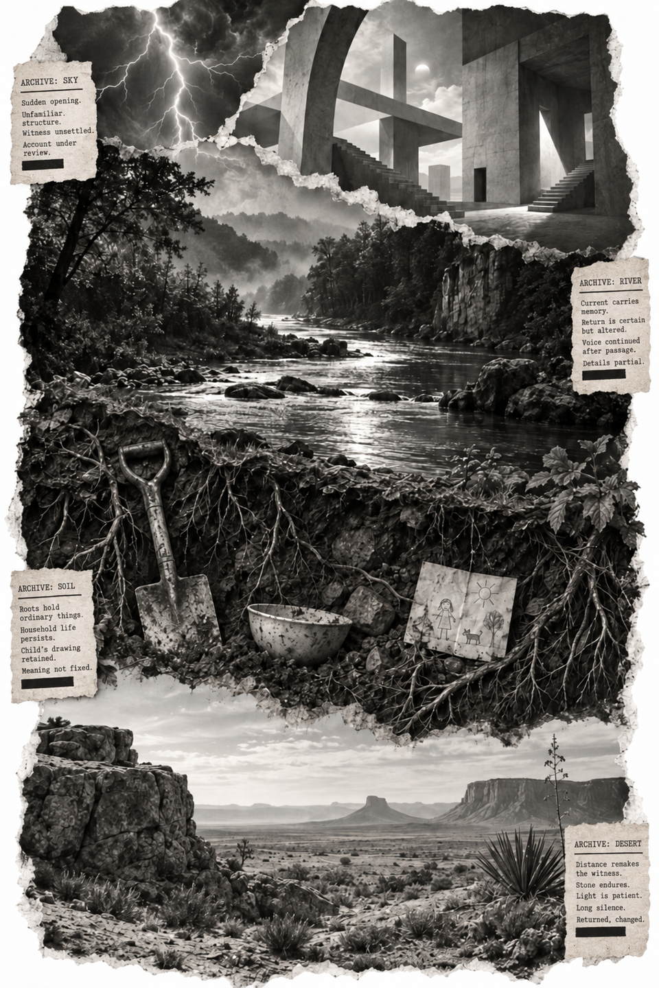 Four connected Archive landscapes: lightning and architecture, a river, soil with household objects, and the desert; complete Part III illustration.