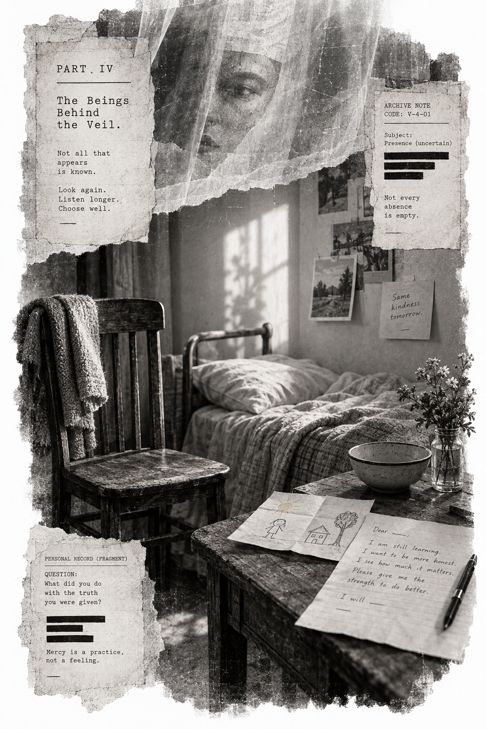 A veiled face above a quiet bedside scene, with family records, a bowl and unresolved Archive notes; complete Part IV illustration.