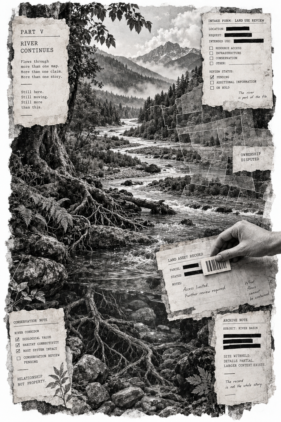 A river continues through a mountain landscape overlaid with land-use forms, ownership disputes and a barcode; complete Part V illustration.