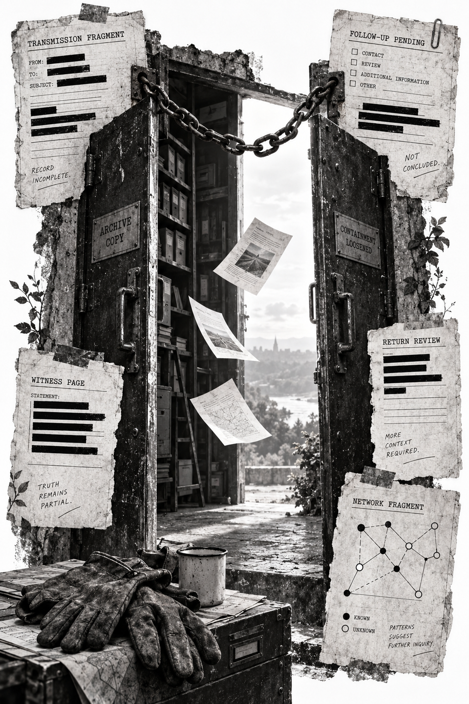 Archive pages escape through open doors under a loosened chain; the surrounding transmission records remain incomplete.